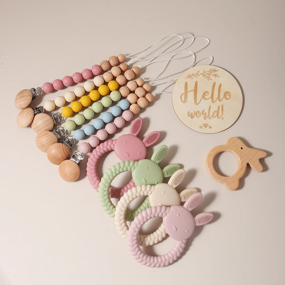 New born baby gift set silicone bunny teether wooden bunny rattle