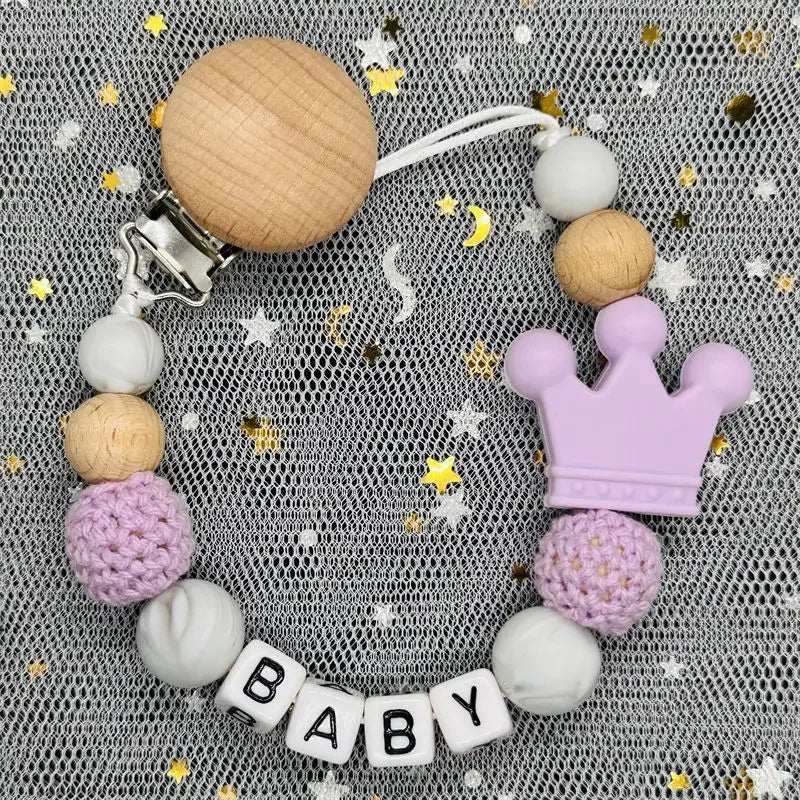 NEW Custom Personalized Name Pacifier Clip Handmade Beech Wooden Chain Silicone Crown Holder Soother Baby Teething Toy Chew Gift