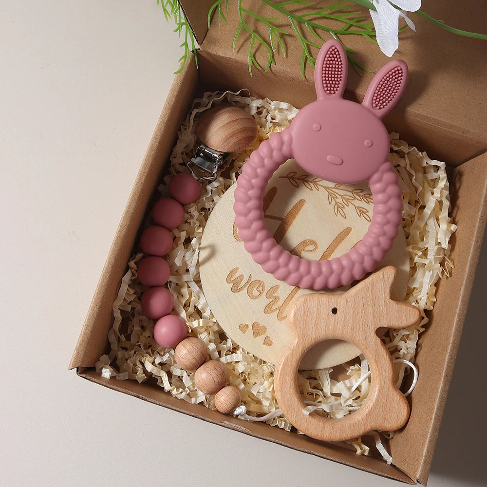 New born baby gift set silicone bunny teether wooden bunny rattle