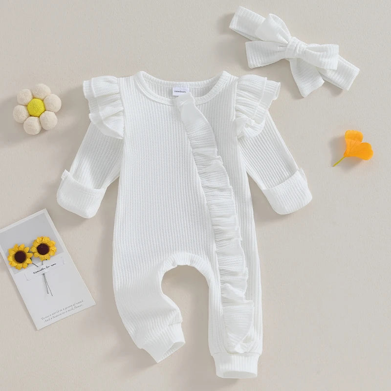 Newborn Infant Girls Solid Color Jumpsuits Baby Long Sleeve Ruffle Zipper Romper with Headband Sets Baby Clothes Spring Fall