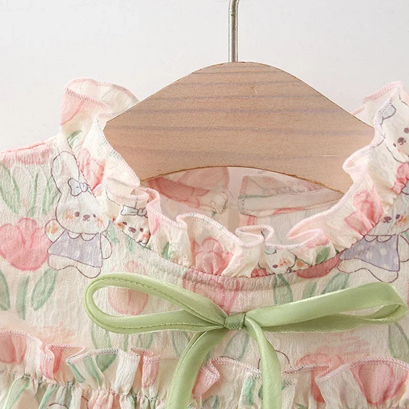 Spring Summer Girl Dress with Tulips and Cartoon Rabbit | Ruffle Sleeves with Bow and Pompoms | Baby Easter Dress