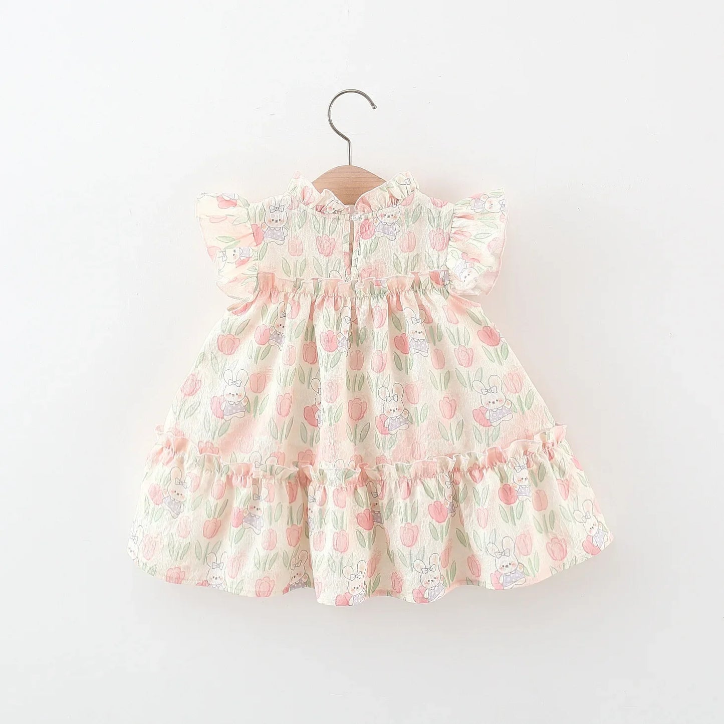 Spring Summer Girl Dress with Tulips and Cartoon Rabbit | Ruffle Sleeves with Bow and Pompoms | Baby Easter Dress