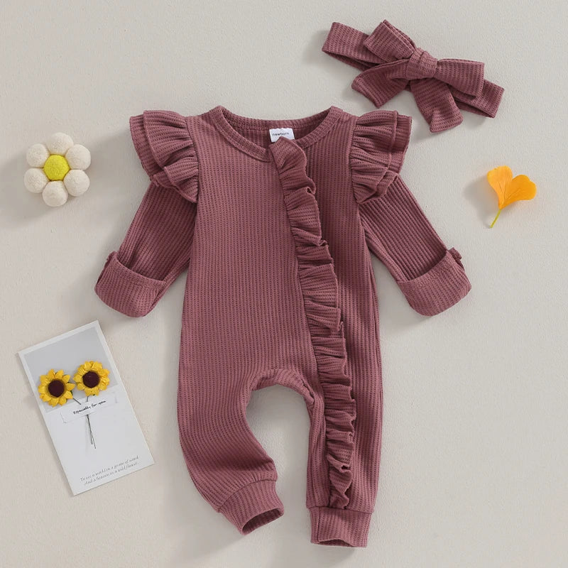 Newborn Infant Girls Solid Color Jumpsuits Baby Long Sleeve Ruffle Zipper Romper with Headband Sets Baby Clothes Spring Fall