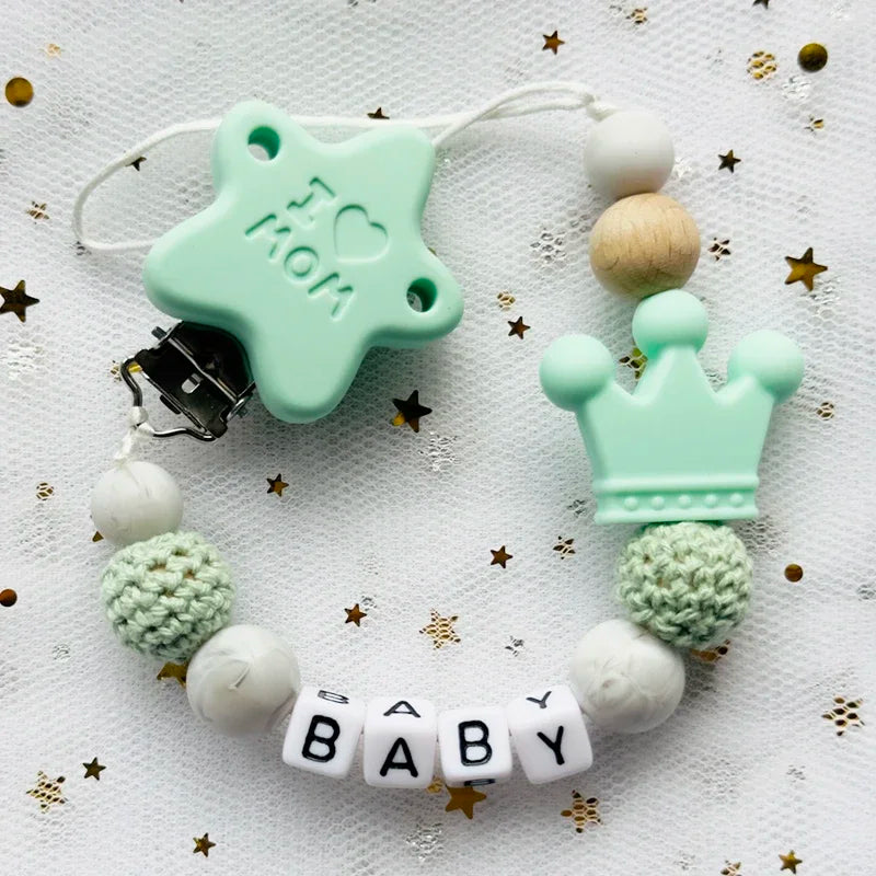 NEW Custom Personalized Name Pacifier Clip Handmade Beech Wooden Chain Silicone Crown Holder Soother Baby Teething Toy Chew Gift