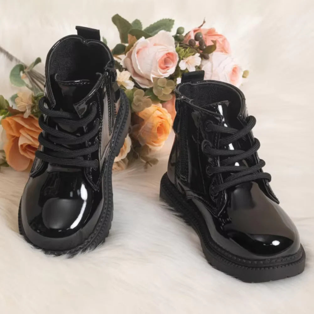 Autumn and Winter Children's Shoes Waterproof PU Leather Children's Boots Fashion Toddler Lace-up Zip High Boots Boys Girls